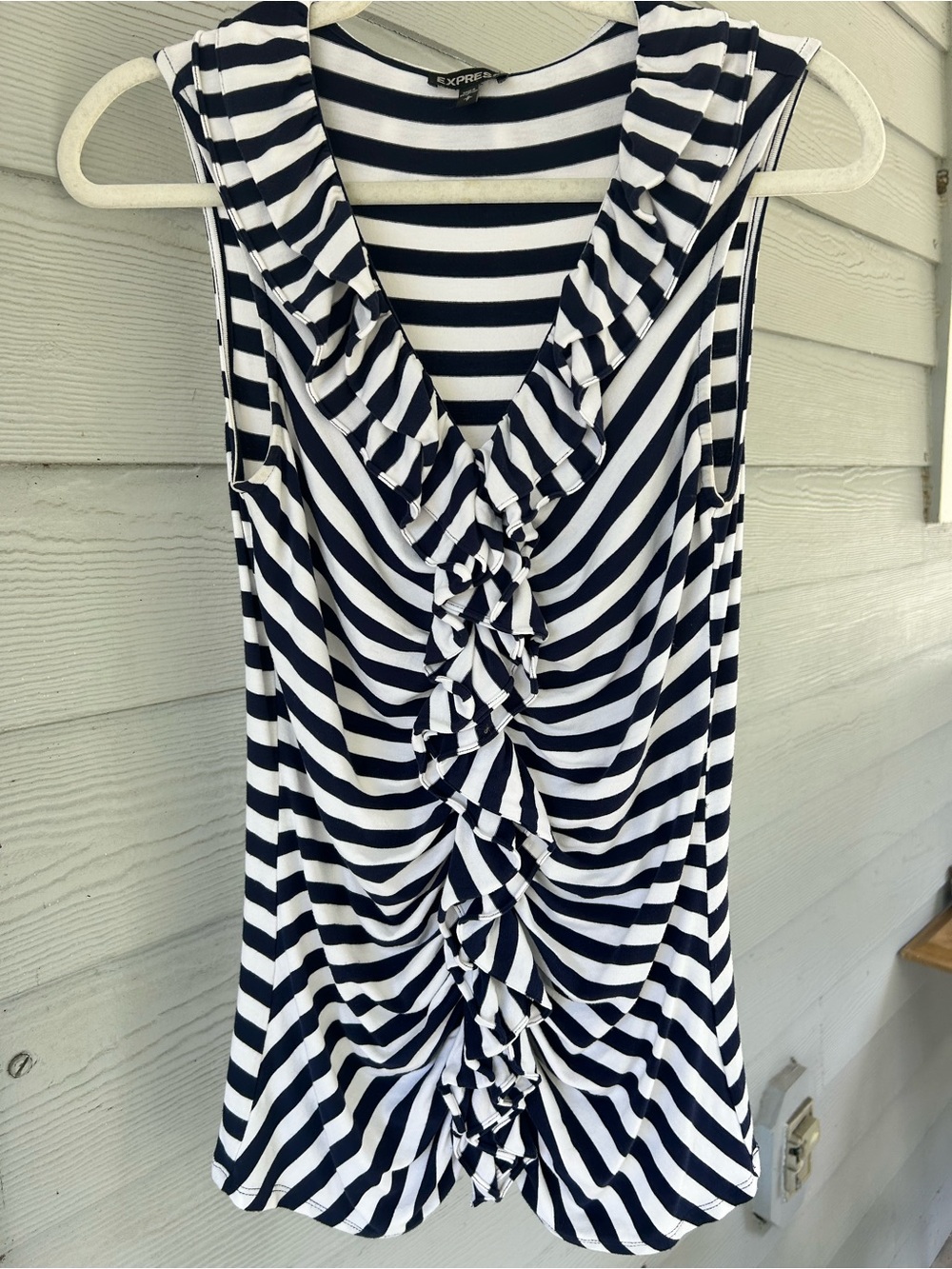 Express Navy & White Striped Ruffle Front Sleeveless Top S Nautical Y2K Travel